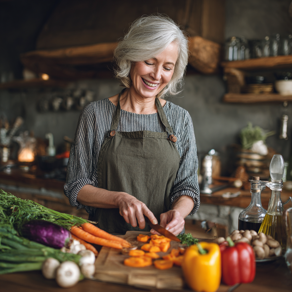 50 years old woman enjoying healthy meal preparation with colorful vegetables