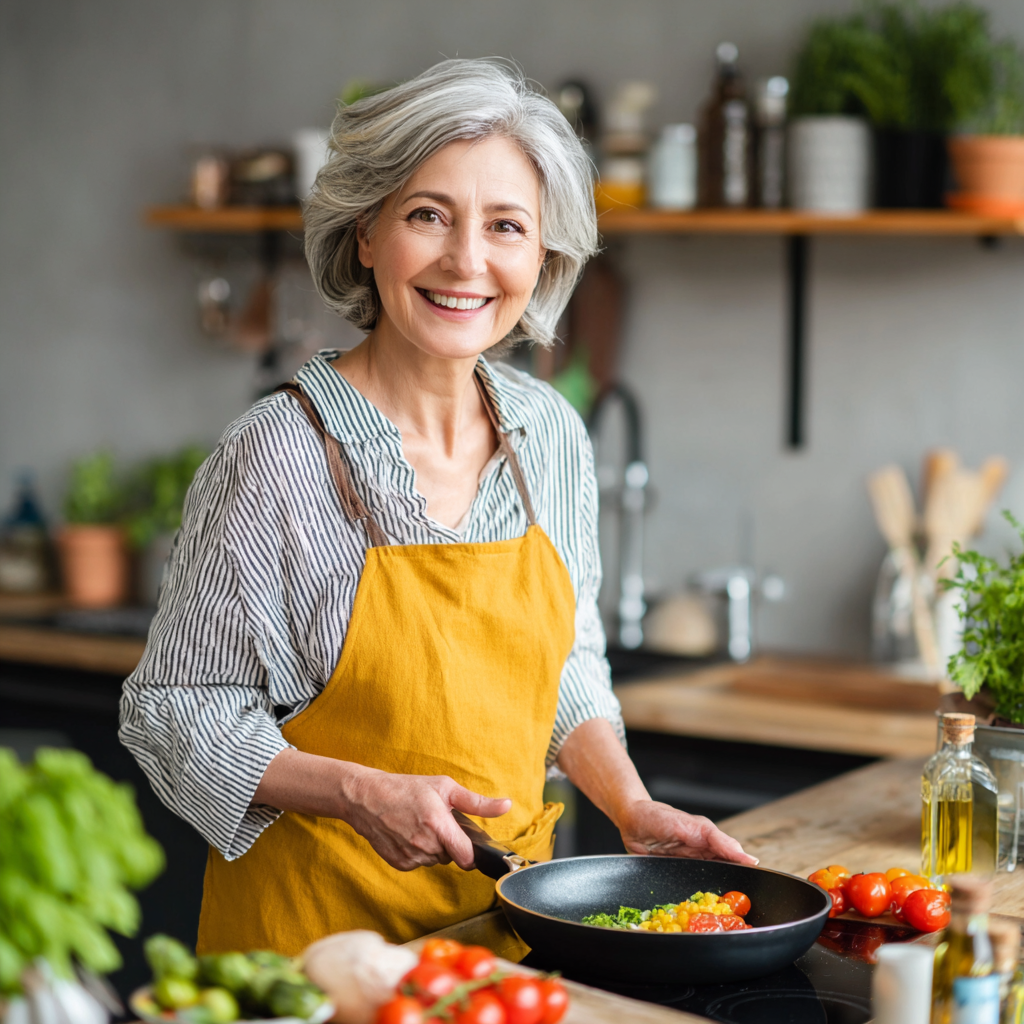 52 years old woman showing healthy cooking results in modern kitchen