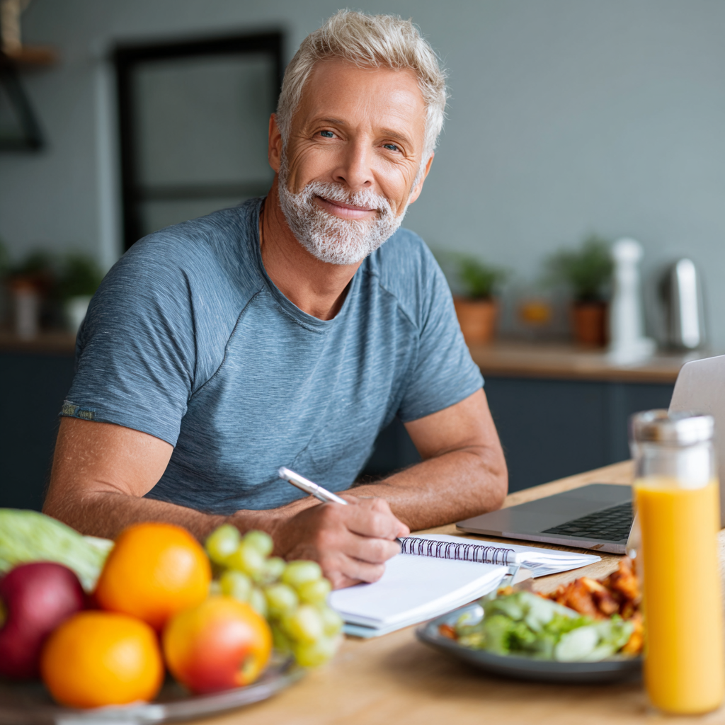 Experienced 51 years old nutritionist analyzing meal plans with 50 years old clients